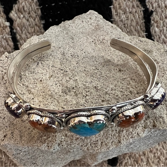 Turquoise, Spiny Oyster, Purple Dahlia 925 ADJUSTABLE Navajo Heart Cuff 26.2Gm - Picture 3 of 14